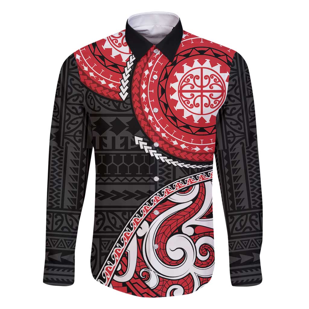 New Zealand Red Maori Koru Simple Style Family Matching Off Shoulder Maxi Dress and Hawaiian Shirt LT05 Dad's Shirt - Long Sleeve Red - Polynesian Pride