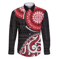 New Zealand Red Maori Koru Simple Style Family Matching Off Shoulder Maxi Dress and Hawaiian Shirt LT05 Dad's Shirt - Long Sleeve Red - Polynesian Pride