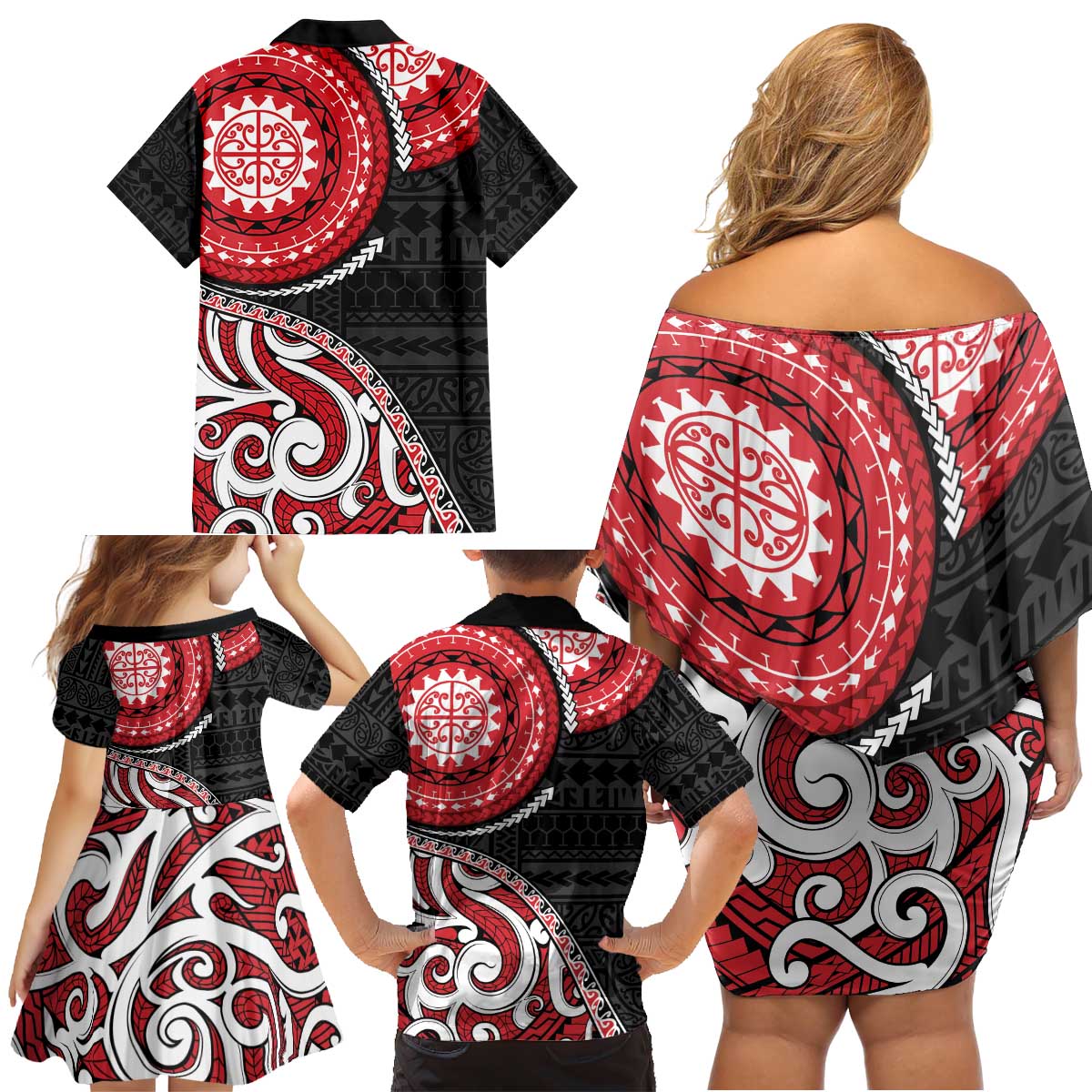 New Zealand Red Maori Koru Simple Style Family Matching Off Shoulder Short Dress and Hawaiian Shirt LT05 - Polynesian Pride