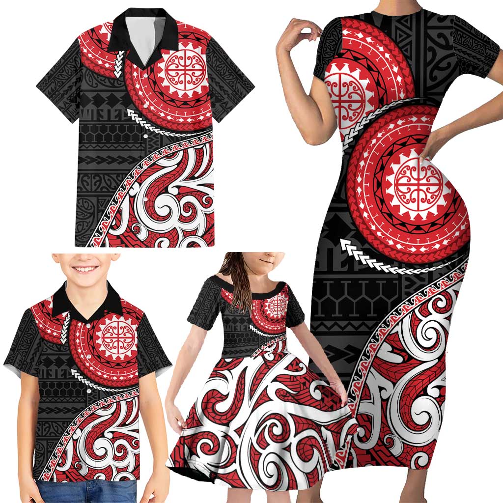 New Zealand Red Maori Koru Simple Style Family Matching Short Sleeve Bodycon Dress and Hawaiian Shirt LT05 - Polynesian Pride