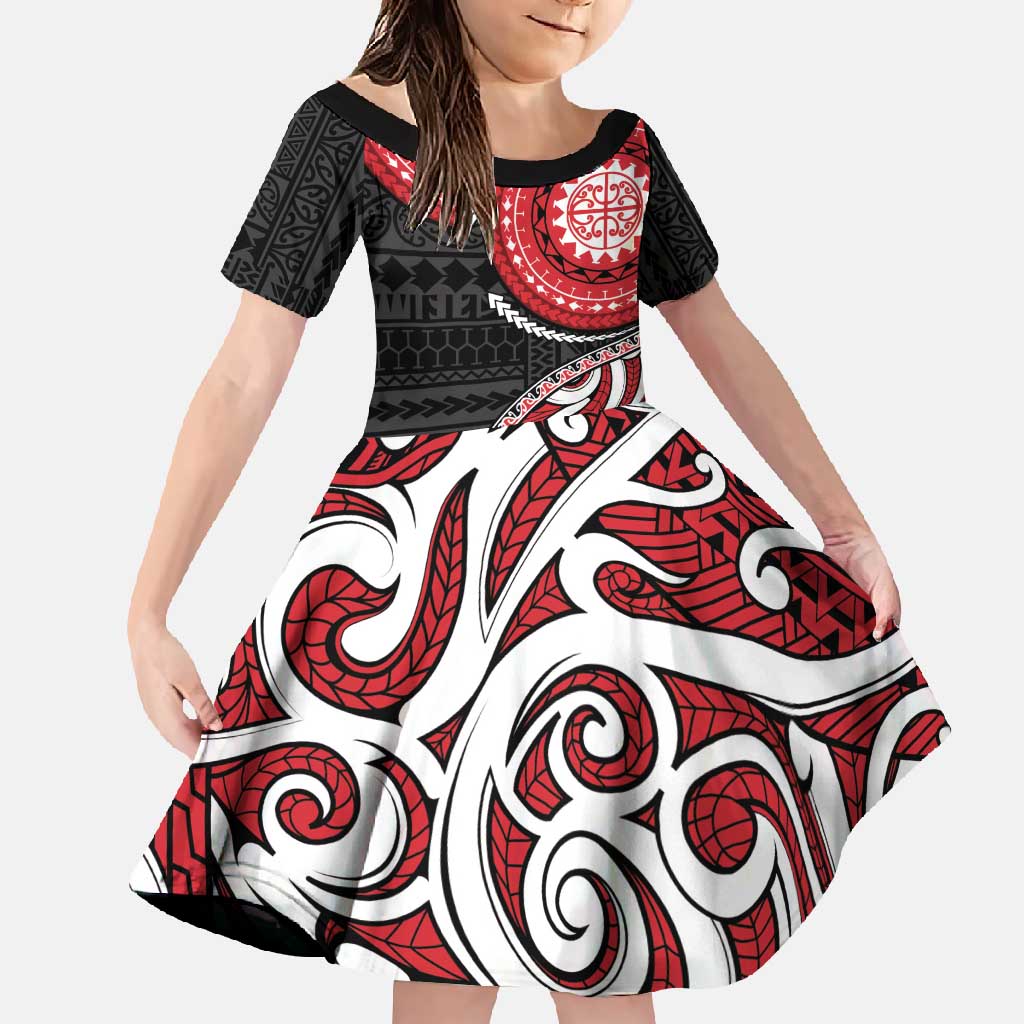 New Zealand Red Maori Koru Simple Style Family Matching Tank Maxi Dress and Hawaiian Shirt LT05 Daughter's Dress Red - Polynesian Pride