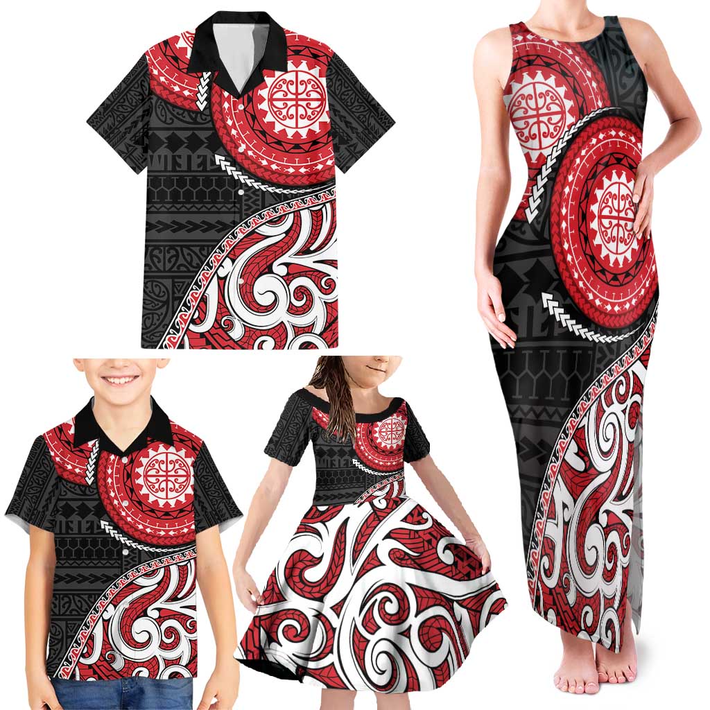 New Zealand Red Maori Koru Simple Style Family Matching Tank Maxi Dress and Hawaiian Shirt LT05 - Polynesian Pride