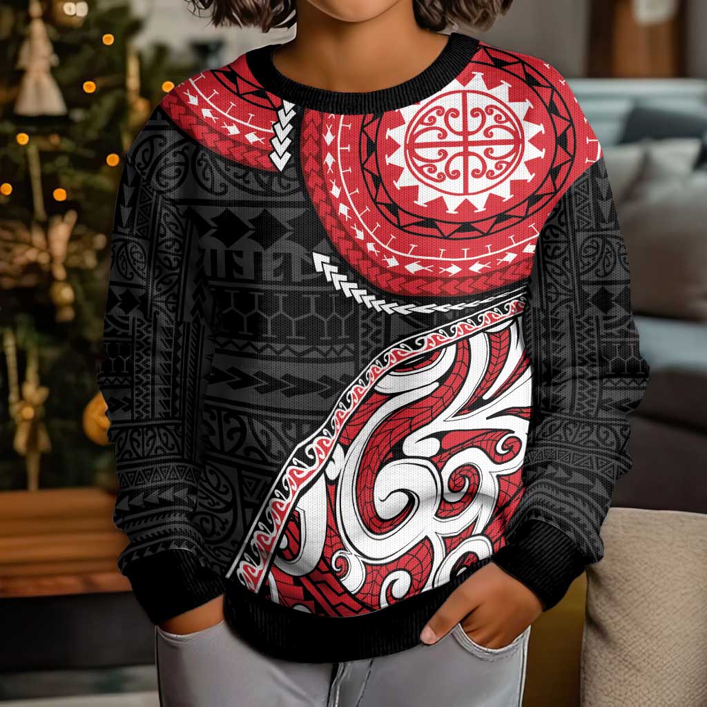 New Zealand Red Maori Koru Simple Style Kid Ugly Christmas Sweater LT05 - Polynesian Pride