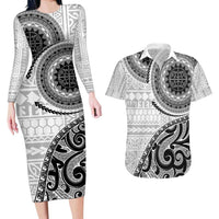 New Zealand White Maori Koru Simple Style Couples Matching Long Sleeve Bodycon Dress and Hawaiian Shirt LT05 White - Polynesian Pride