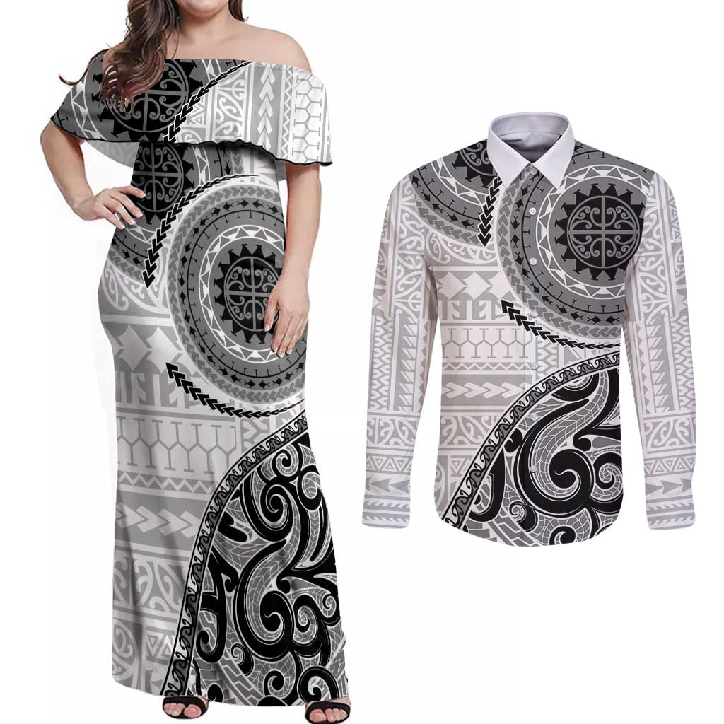 New Zealand White Maori Koru Simple Style Couples Matching Off Shoulder Maxi Dress and Long Sleeve Button Shirt LT05 White - Polynesian Pride
