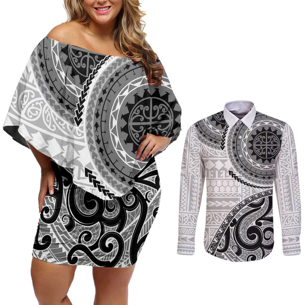 New Zealand White Maori Koru Simple Style Couples Matching Off Shoulder Short Dress and Long Sleeve Button Shirt LT05 White - Polynesian Pride