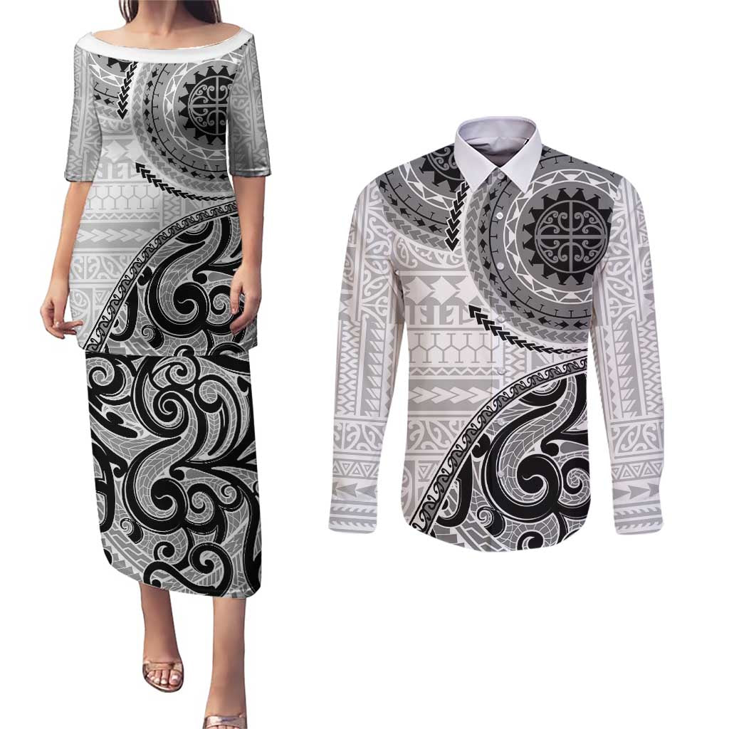 New Zealand White Maori Koru Simple Style Couples Matching Puletasi and Long Sleeve Button Shirt LT05 White - Polynesian Pride