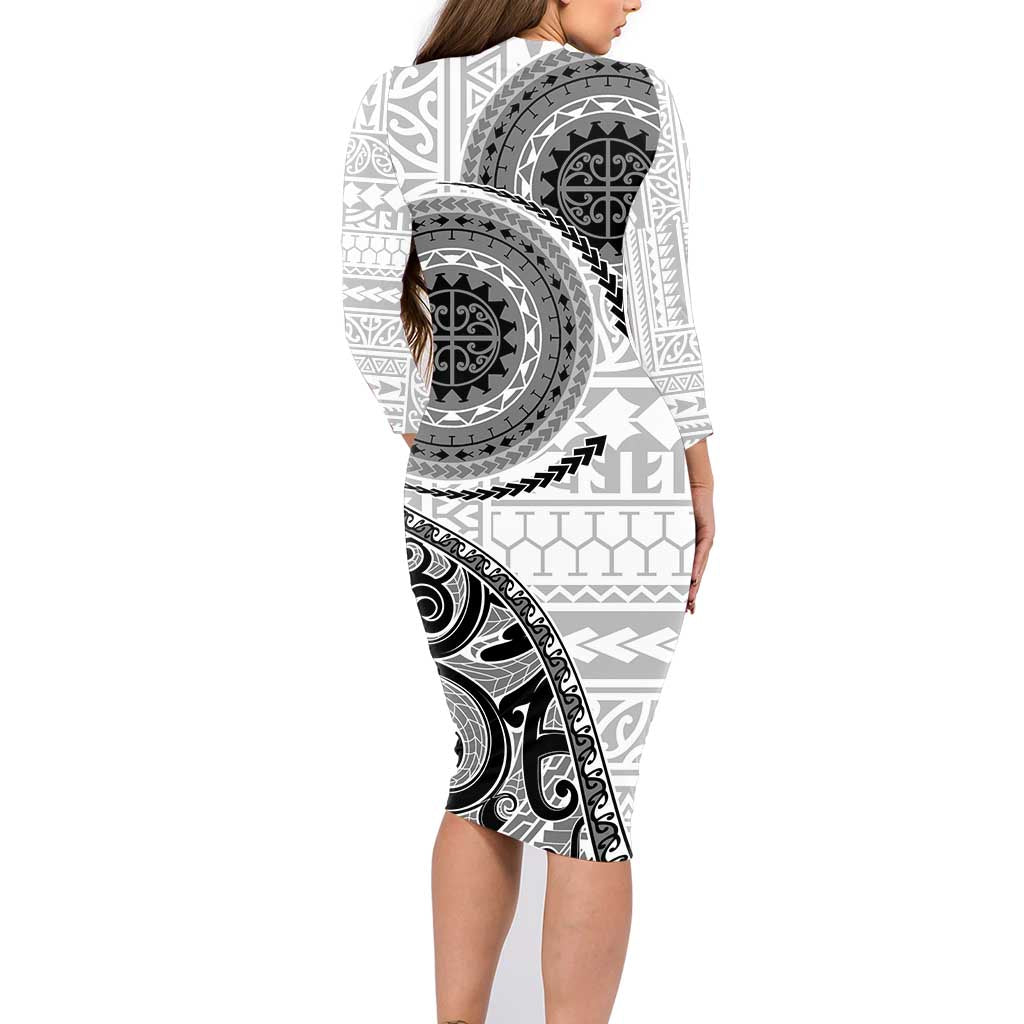 New Zealand White Maori Koru Simple Style Family Matching Long Sleeve Bodycon Dress and Hawaiian Shirt LT05 - Polynesian Pride
