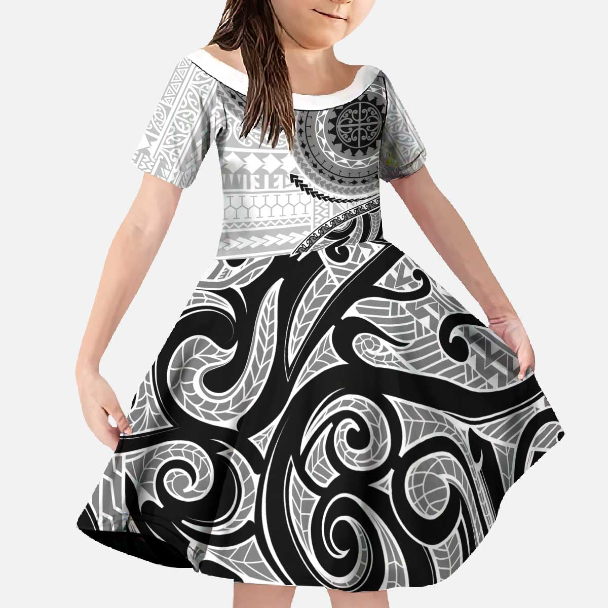New Zealand White Maori Koru Simple Style Family Matching Off The Shoulder Long Sleeve Dress and Hawaiian Shirt LT05 Daughter's Dress White - Polynesian Pride