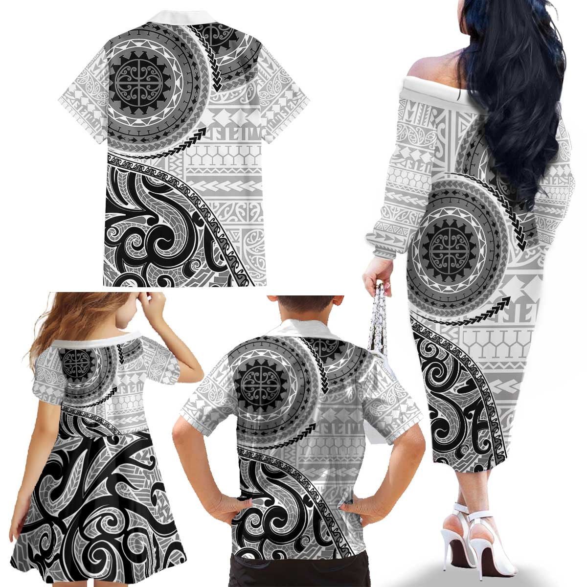 New Zealand White Maori Koru Simple Style Family Matching Off The Shoulder Long Sleeve Dress and Hawaiian Shirt LT05 - Polynesian Pride