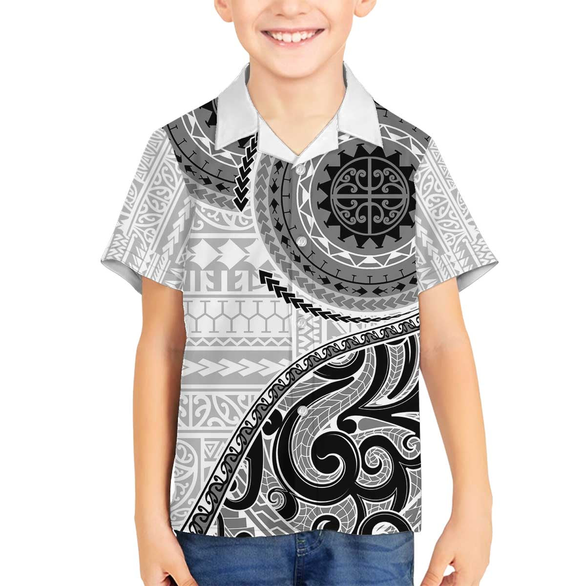 New Zealand White Maori Koru Simple Style Family Matching Off The Shoulder Long Sleeve Dress and Hawaiian Shirt LT05 Son's Shirt White - Polynesian Pride