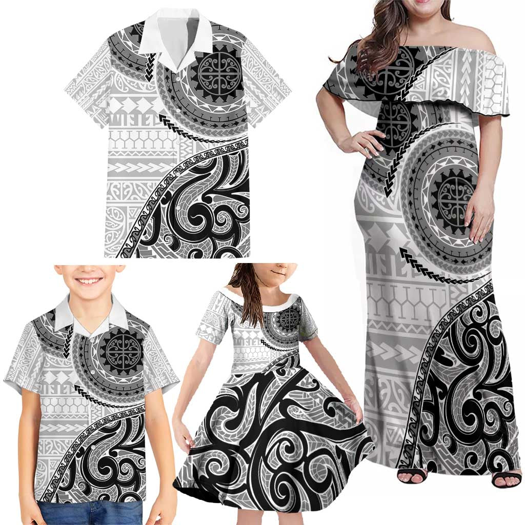 New Zealand White Maori Koru Simple Style Family Matching Off Shoulder Maxi Dress and Hawaiian Shirt LT05 - Polynesian Pride