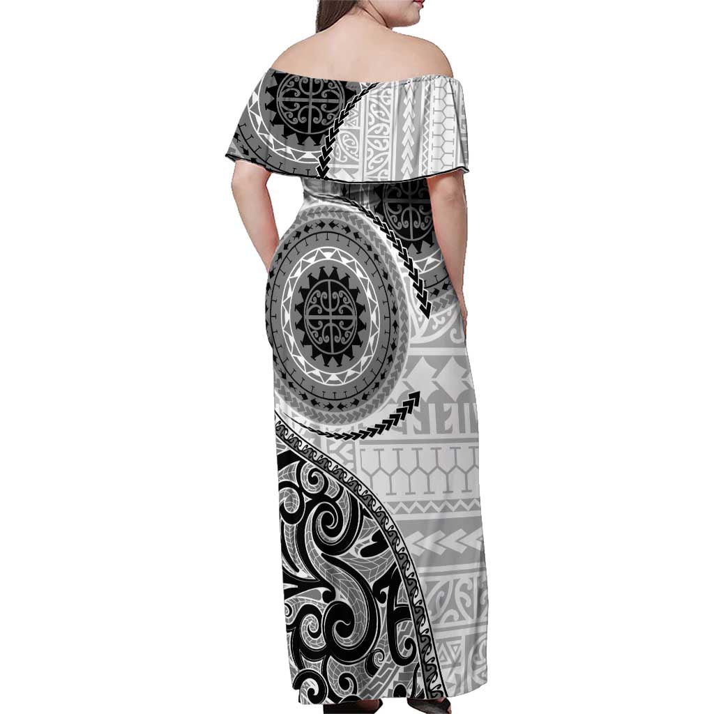 New Zealand White Maori Koru Simple Style Family Matching Off Shoulder Maxi Dress and Hawaiian Shirt LT05 - Polynesian Pride
