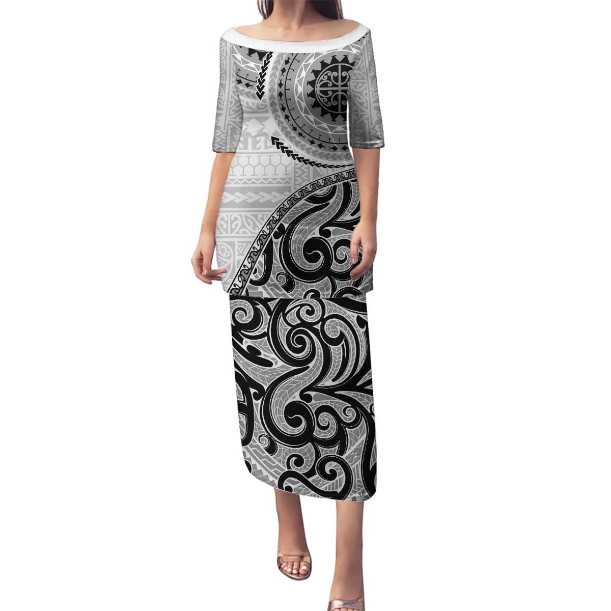 New Zealand White Maori Koru Simple Style Family Matching Puletasi and Hawaiian Shirt LT05 Mom's Dress White - Polynesian Pride