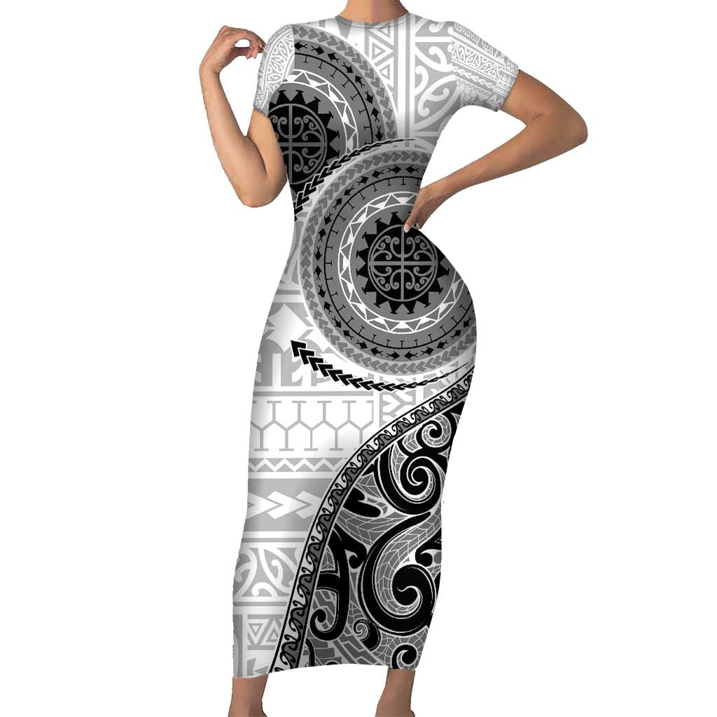 New Zealand White Maori Koru Simple Style Family Matching Short Sleeve Bodycon Dress and Hawaiian Shirt LT05 Mom's Dress White - Polynesian Pride