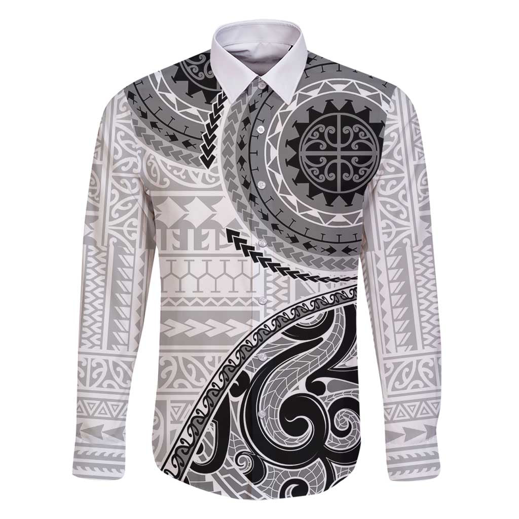 New Zealand White Maori Koru Simple Style Family Matching Summer Maxi Dress and Hawaiian Shirt LT05 Dad's Shirt - Long Sleeve White - Polynesian Pride