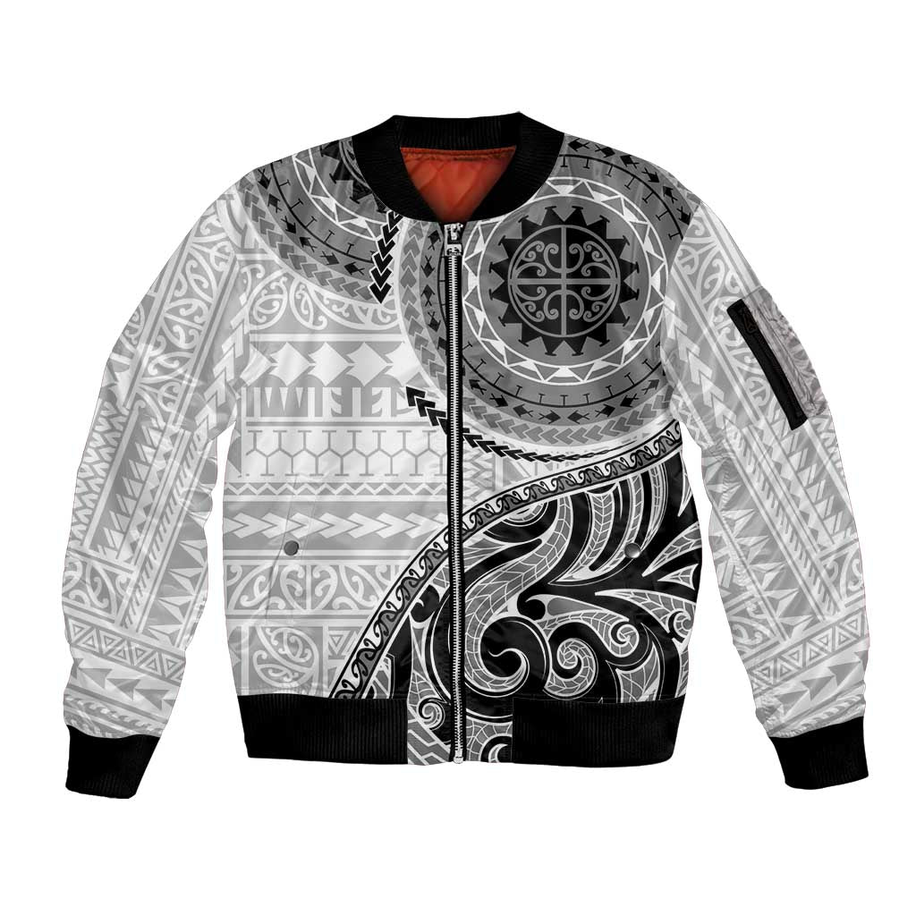 New Zealand White Maori Koru Simple Style Sleeve Zip Bomber Jacket LT05 Unisex White - Polynesian Pride