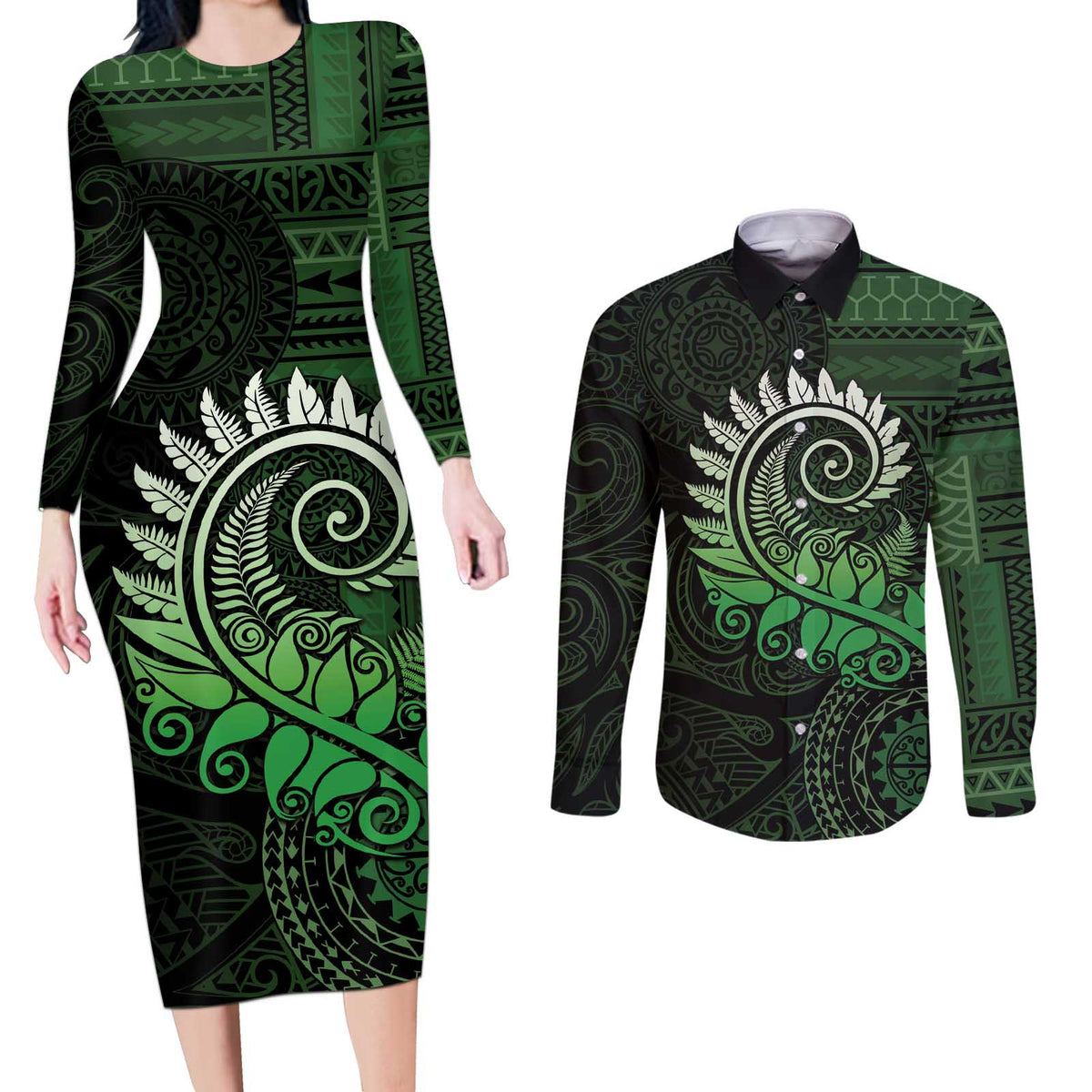 New Zealand Maori Koru Fern Couples Matching Long Sleeve Bodycon Dress and Long Sleeve Button Shirt Spiral Polynesian Style Green LT05 Green - Polynesian Pride