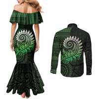 New Zealand Maori Koru Fern Couples Matching Mermaid Dress and Long Sleeve Button Shirt Spiral Polynesian Style Green LT05 - Polynesian Pride