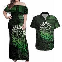 New Zealand Maori Koru Fern Couples Matching Off Shoulder Maxi Dress and Hawaiian Shirt Spiral Polynesian Style Green LT05 Green - Polynesian Pride