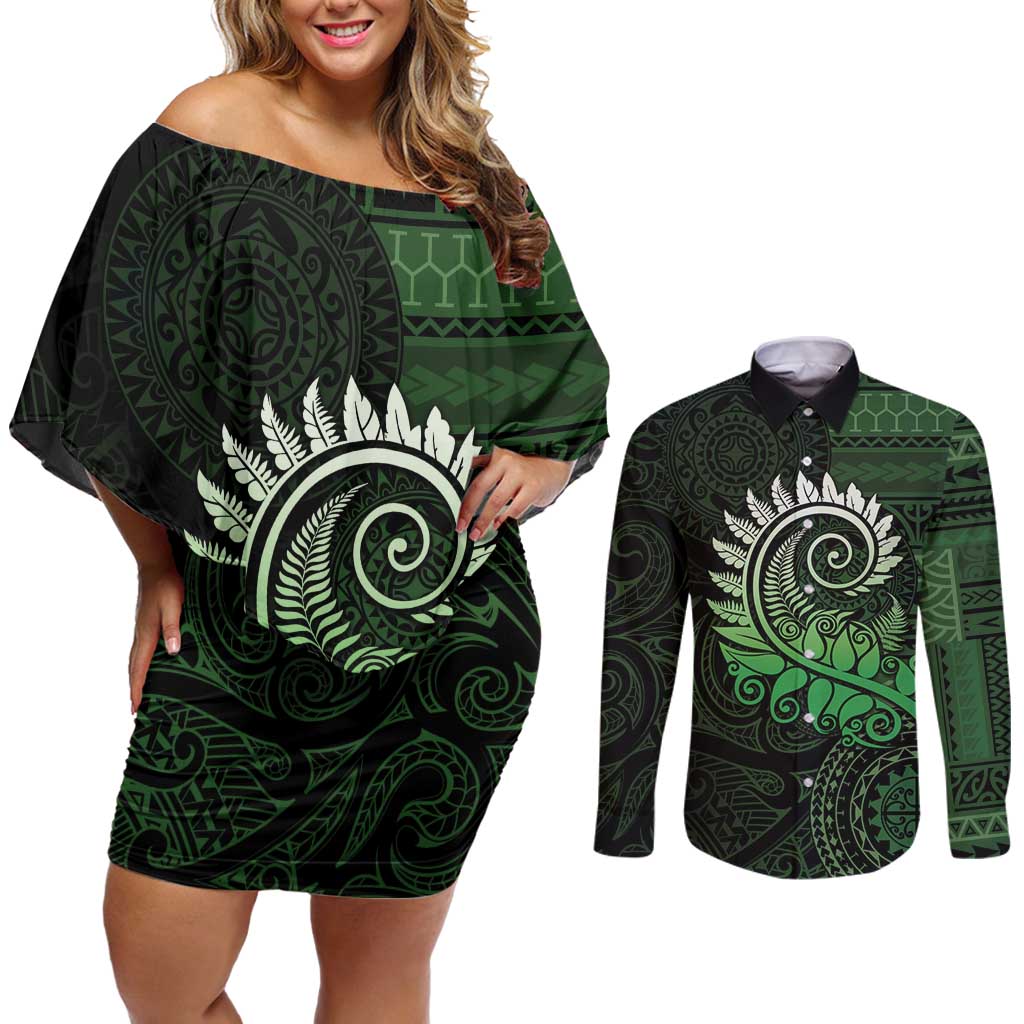 New Zealand Maori Koru Fern Couples Matching Off Shoulder Short Dress and Long Sleeve Button Shirt Spiral Polynesian Style Green LT05 Green - Polynesian Pride