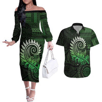 New Zealand Maori Koru Fern Couples Matching Off The Shoulder Long Sleeve Dress and Hawaiian Shirt Spiral Polynesian Style Green LT05 Green - Polynesian Pride