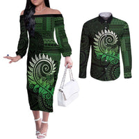 New Zealand Maori Koru Fern Couples Matching Off The Shoulder Long Sleeve Dress and Long Sleeve Button Shirt Spiral Polynesian Style Green LT05 Green - Polynesian Pride