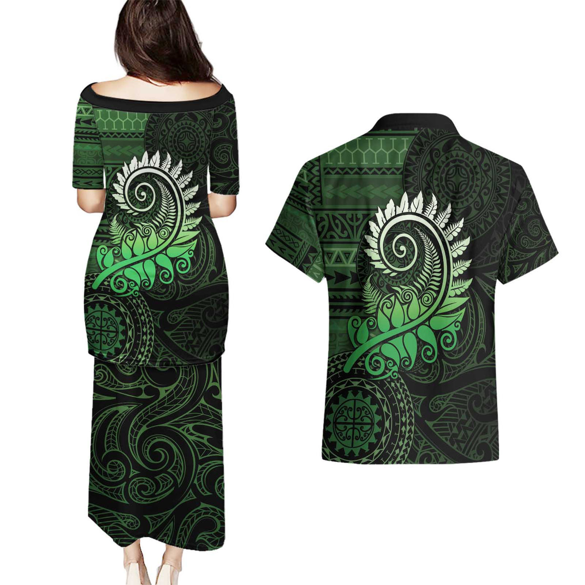 New Zealand Maori Koru Fern Couples Matching Puletasi and Hawaiian Shirt Spiral Polynesian Style Green LT05 - Polynesian Pride
