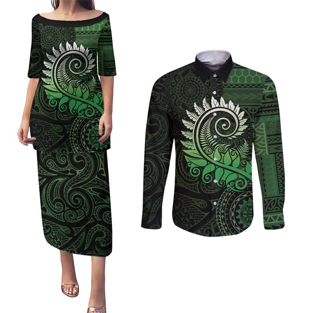 New Zealand Maori Koru Fern Couples Matching Puletasi and Long Sleeve Button Shirt Spiral Polynesian Style Green LT05 Green - Polynesian Pride
