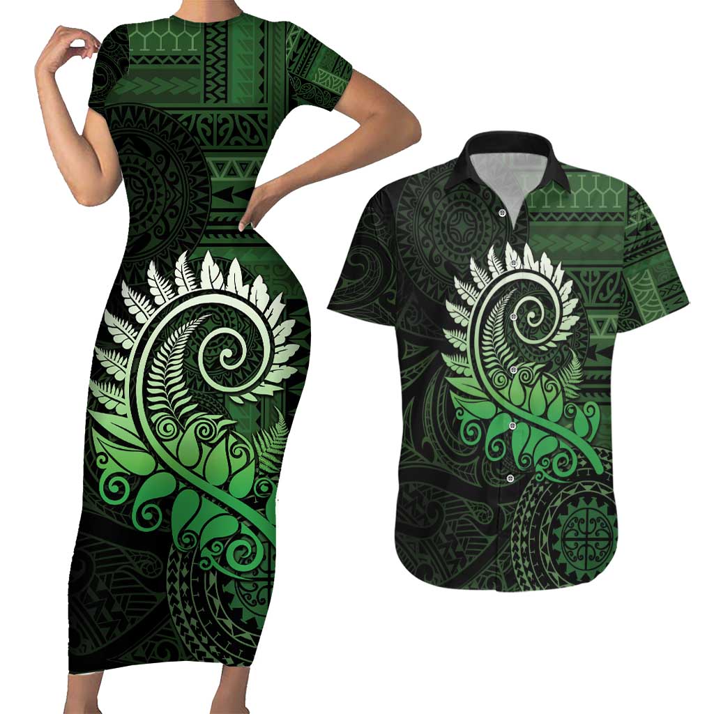 New Zealand Maori Koru Fern Couples Matching Short Sleeve Bodycon Dress and Hawaiian Shirt Spiral Polynesian Style Green LT05 Green - Polynesian Pride