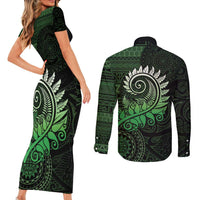 New Zealand Maori Koru Fern Couples Matching Short Sleeve Bodycon Dress and Long Sleeve Button Shirt Spiral Polynesian Style Green LT05 - Polynesian Pride