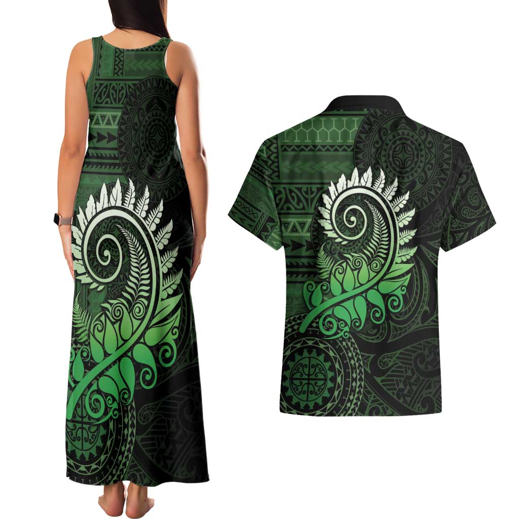 New Zealand Maori Koru Fern Couples Matching Tank Maxi Dress and Hawaiian Shirt Spiral Polynesian Style Green LT05 - Polynesian Pride