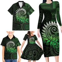 New Zealand Maori Koru Fern Family Matching Long Sleeve Bodycon Dress and Hawaiian Shirt Spiral Polynesian Style Green LT05 - Polynesian Pride