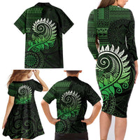 New Zealand Maori Koru Fern Family Matching Long Sleeve Bodycon Dress and Hawaiian Shirt Spiral Polynesian Style Green LT05 - Polynesian Pride
