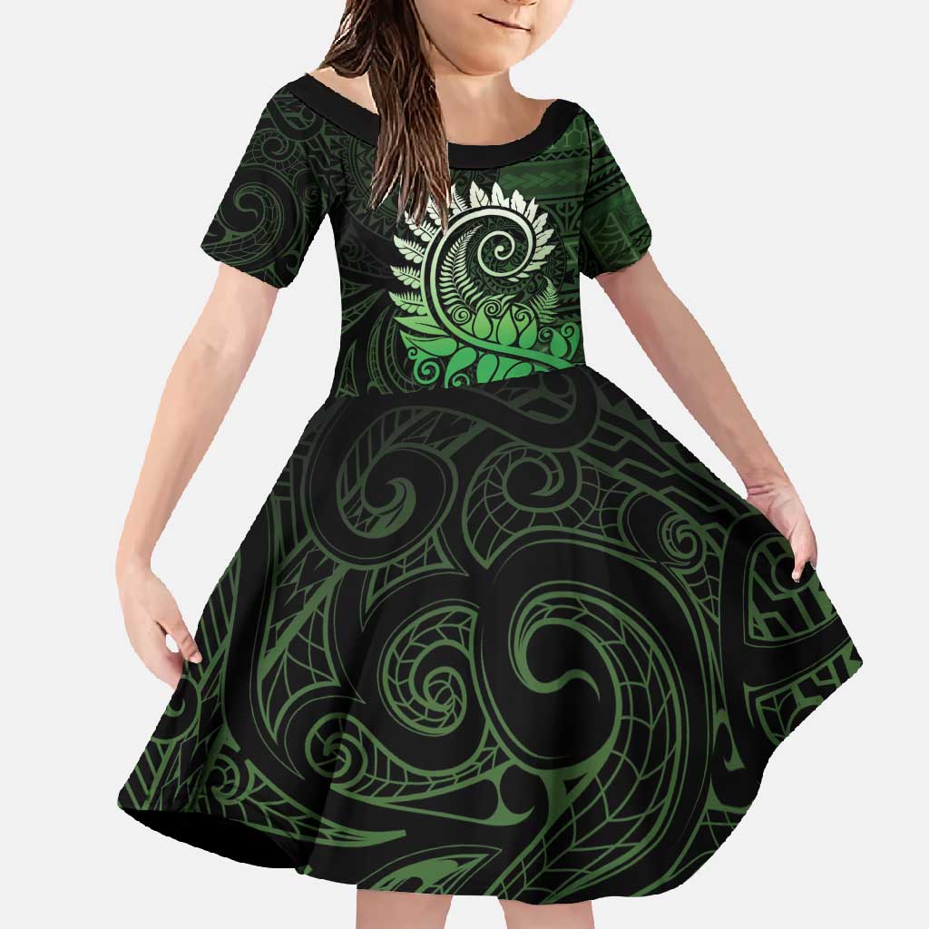 New Zealand Maori Koru Fern Family Matching Mermaid Dress and Hawaiian Shirt Spiral Polynesian Style Green LT05 Daughter's Dress Green - Polynesian Pride