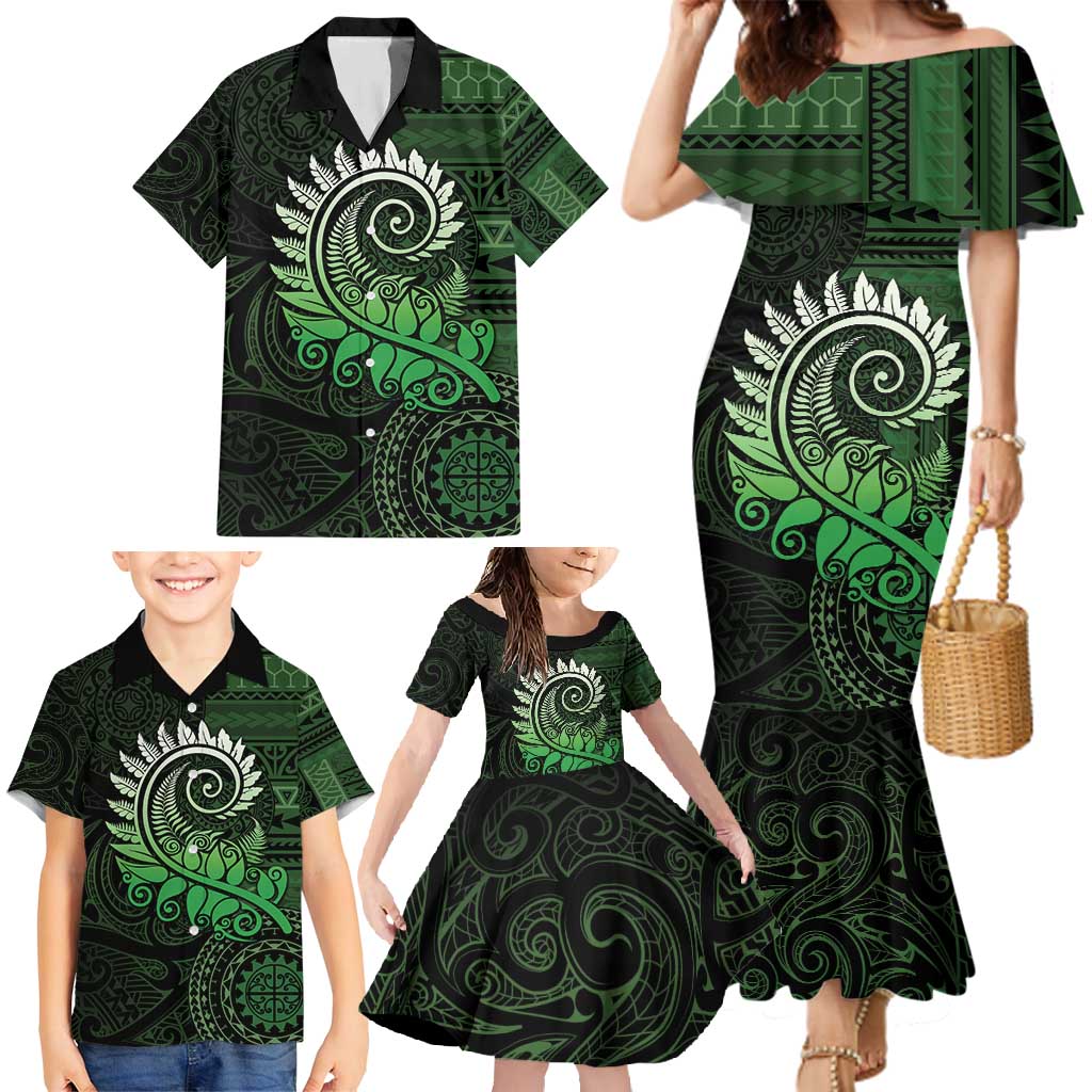 New Zealand Maori Koru Fern Family Matching Mermaid Dress and Hawaiian Shirt Spiral Polynesian Style Green LT05 - Polynesian Pride