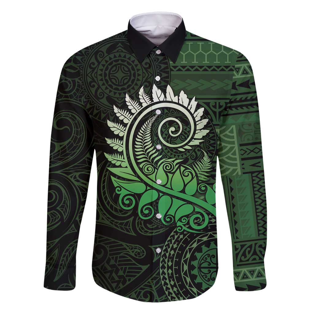 New Zealand Maori Koru Fern Family Matching Mermaid Dress and Hawaiian Shirt Spiral Polynesian Style Green LT05 Dad's Shirt - Long Sleeve Green - Polynesian Pride
