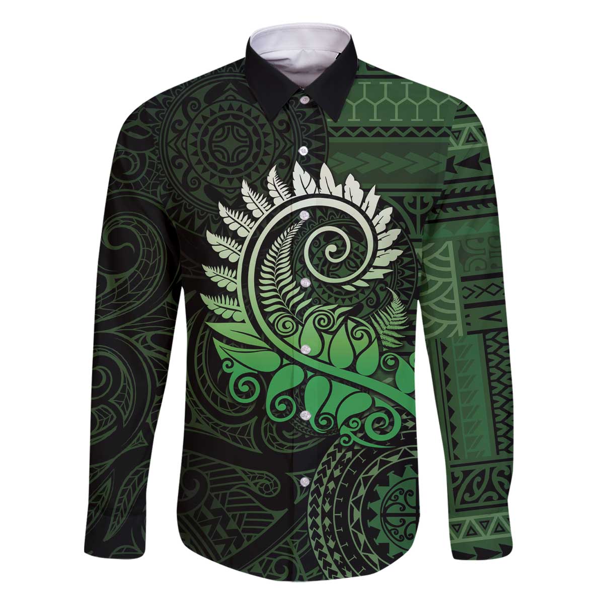 New Zealand Maori Koru Fern Family Matching Off The Shoulder Long Sleeve Dress and Hawaiian Shirt Spiral Polynesian Style Green LT05 Dad's Shirt - Long Sleeve Green - Polynesian Pride