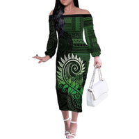 New Zealand Maori Koru Fern Family Matching Off The Shoulder Long Sleeve Dress and Hawaiian Shirt Spiral Polynesian Style Green LT05 Mom's Dress Green - Polynesian Pride