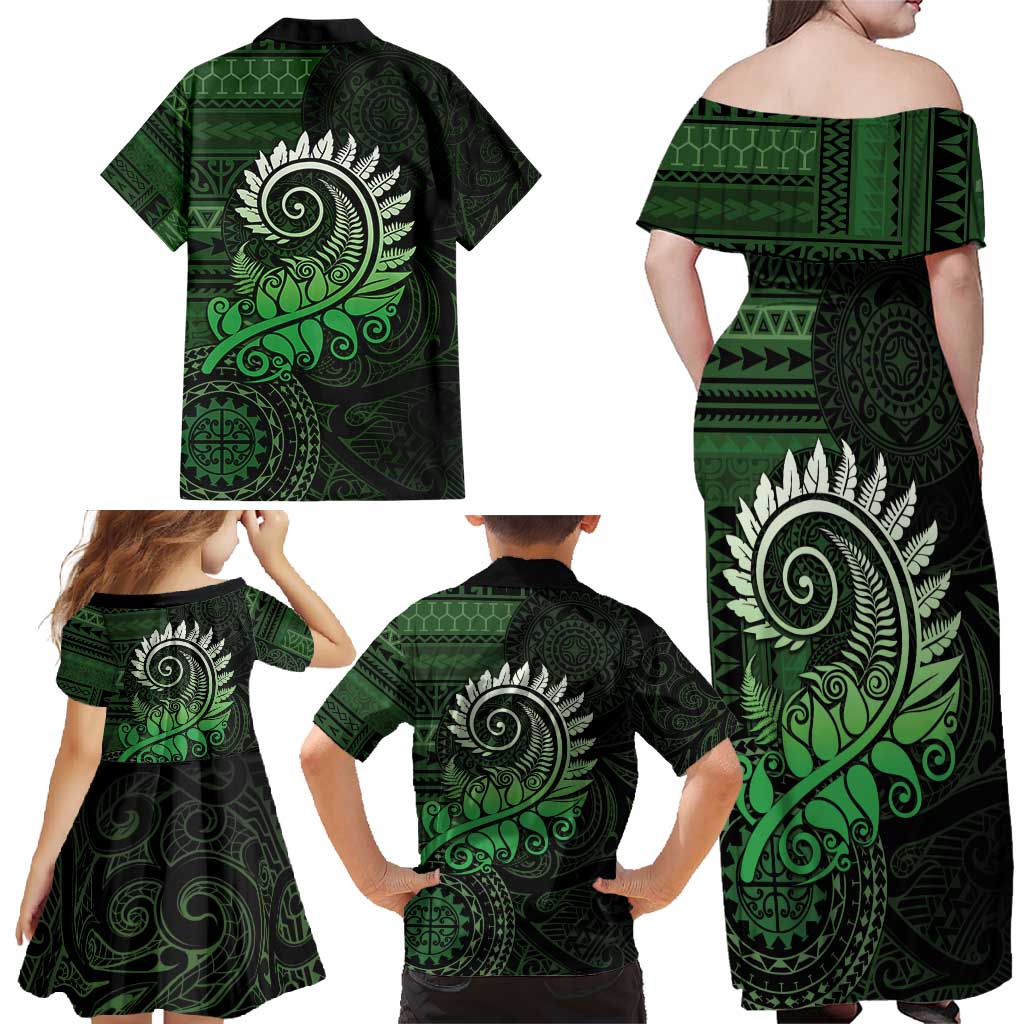 New Zealand Maori Koru Fern Family Matching Off Shoulder Maxi Dress and Hawaiian Shirt Spiral Polynesian Style Green LT05 - Polynesian Pride