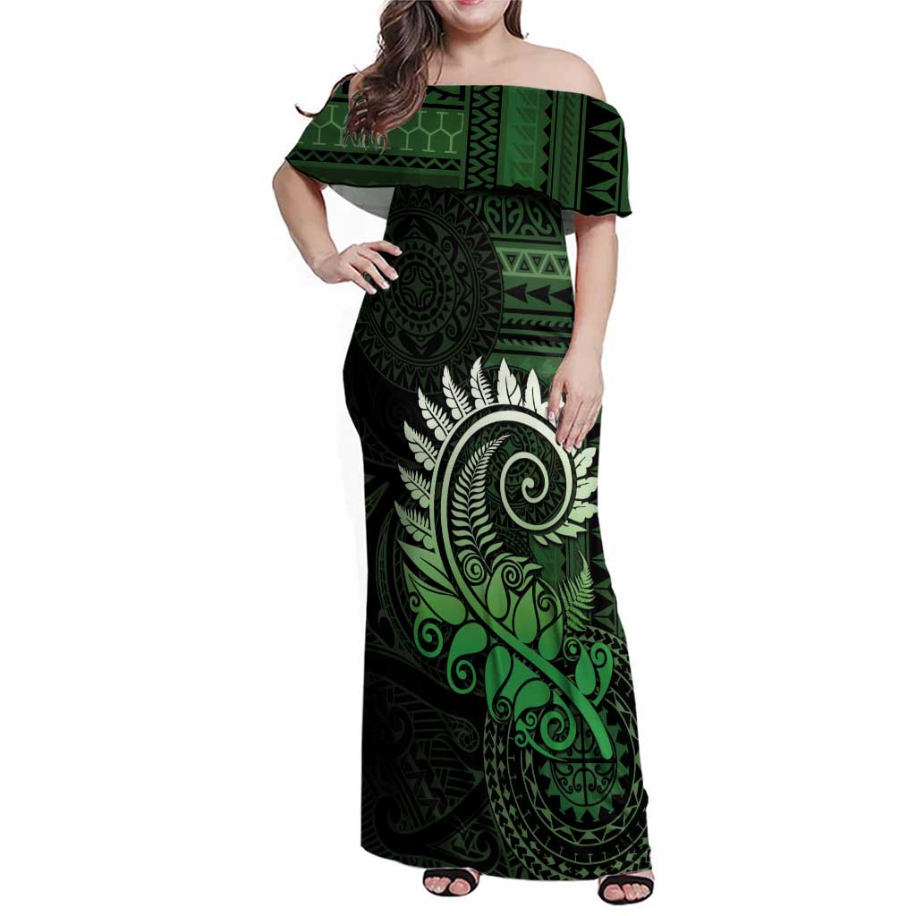 New Zealand Maori Koru Fern Family Matching Off Shoulder Maxi Dress and Hawaiian Shirt Spiral Polynesian Style Green LT05 Mom's Dress Green - Polynesian Pride
