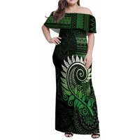 New Zealand Maori Koru Fern Family Matching Off Shoulder Maxi Dress and Hawaiian Shirt Spiral Polynesian Style Green LT05 Mom's Dress Green - Polynesian Pride