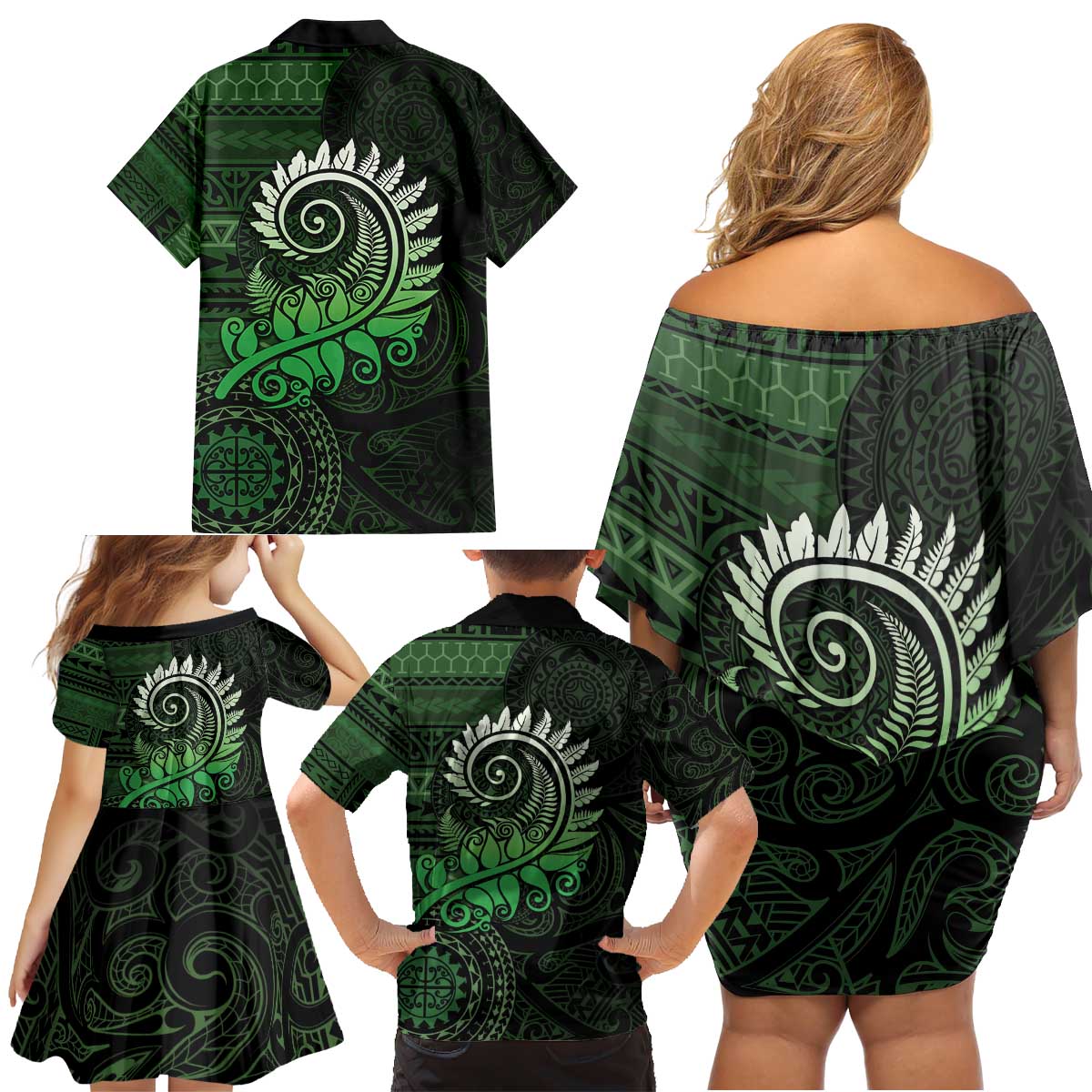 New Zealand Maori Koru Fern Family Matching Off Shoulder Short Dress and Hawaiian Shirt Spiral Polynesian Style Green LT05 - Polynesian Pride