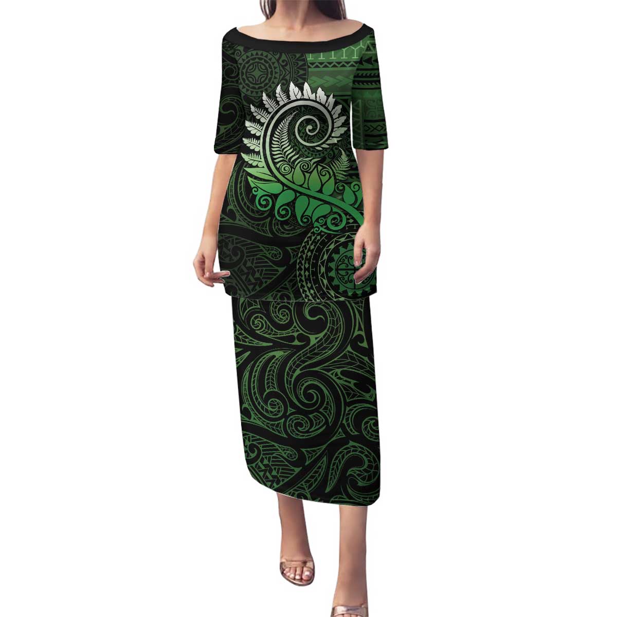 New Zealand Maori Koru Fern Family Matching Puletasi and Hawaiian Shirt Spiral Polynesian Style Green LT05 Mom's Dress Green - Polynesian Pride