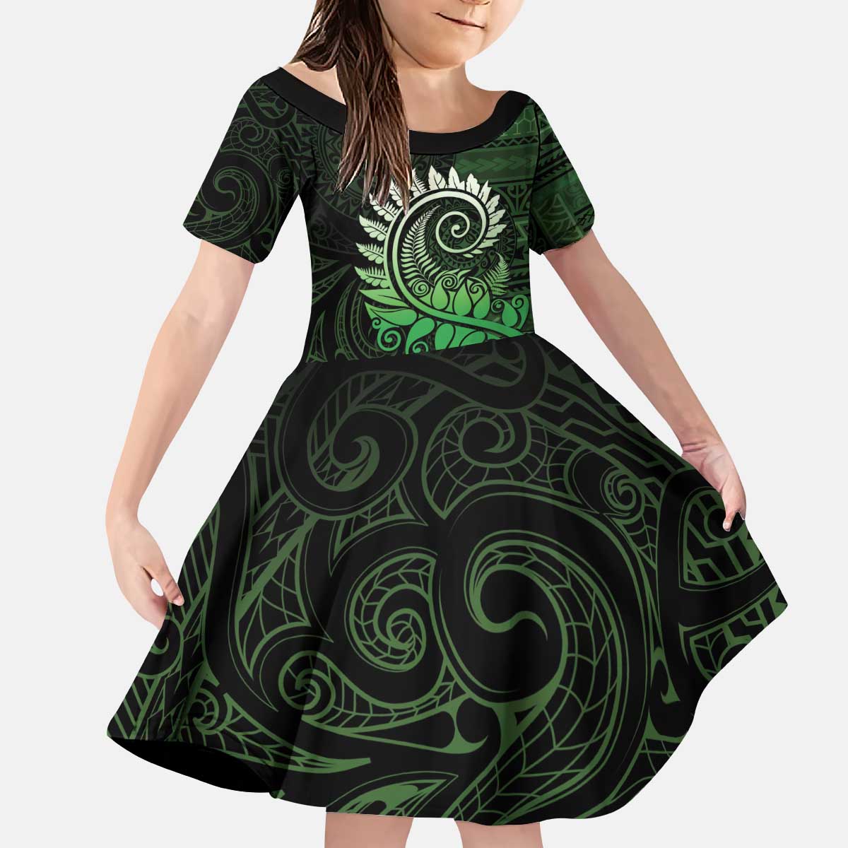 New Zealand Maori Koru Fern Kid Short Sleeve Dress Spiral Polynesian Style Green LT05 KID Green - Polynesian Pride