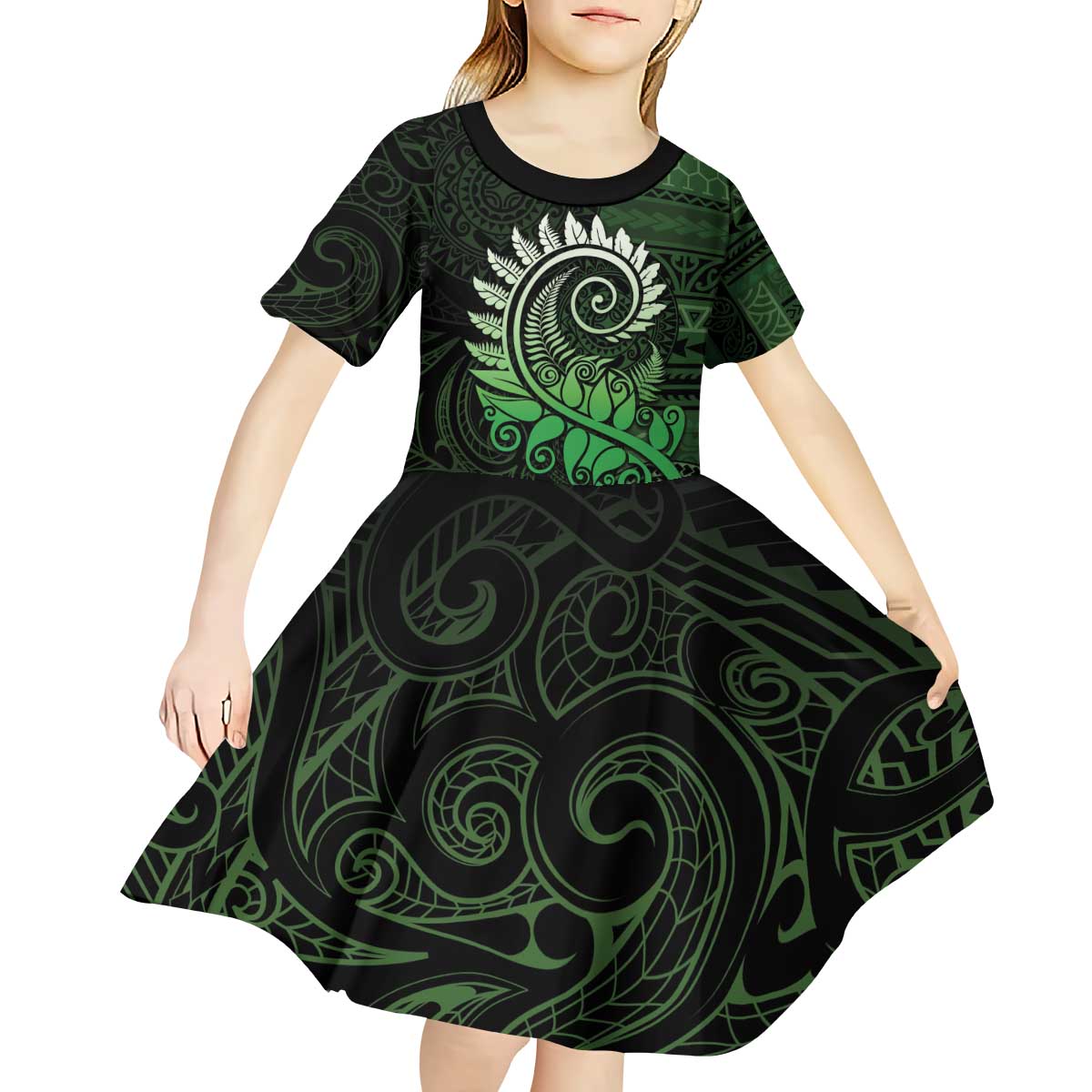 New Zealand Maori Koru Fern Kid Short Sleeve Dress Spiral Polynesian Style Green LT05 - Polynesian Pride