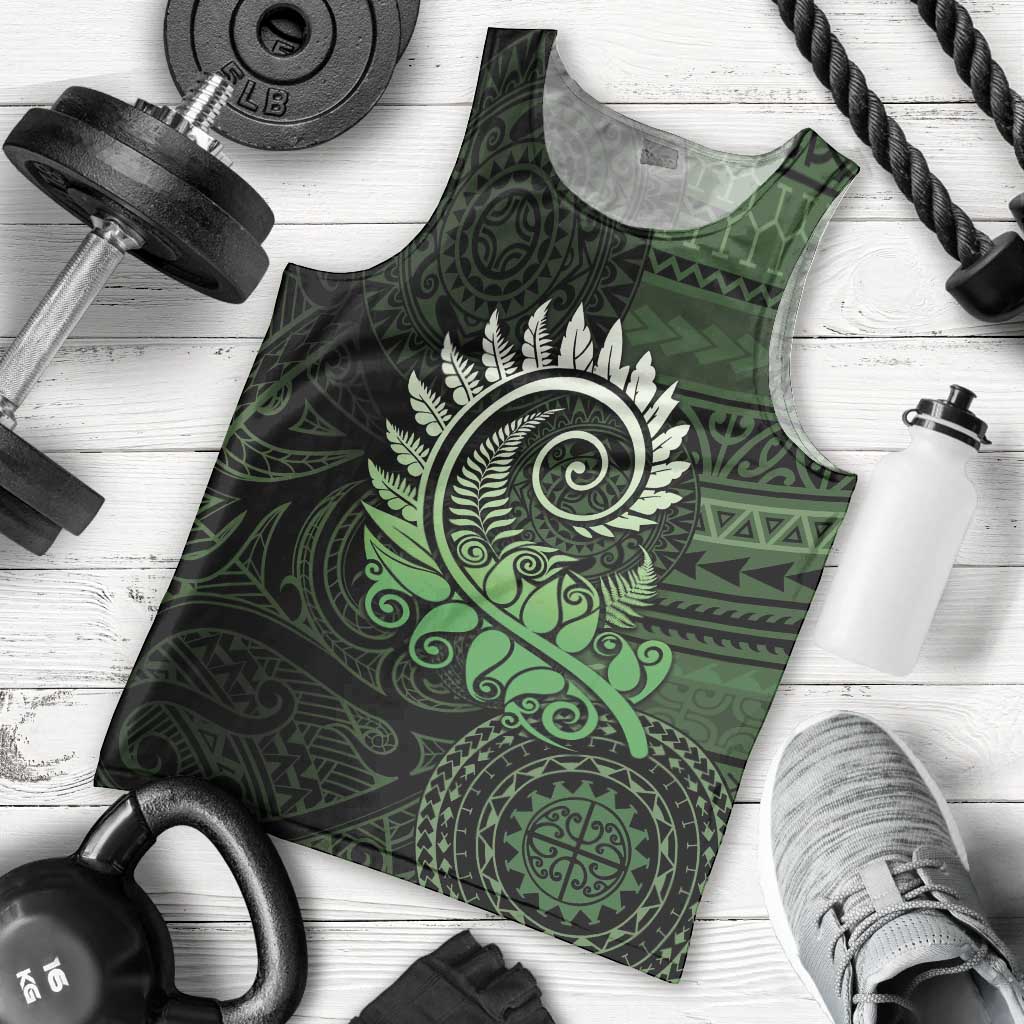 New Zealand Maori Koru Fern Men Tank Top Spiral Polynesian Style Green