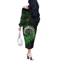 New Zealand Maori Koru Fern Off The Shoulder Long Sleeve Dress Spiral Polynesian Style Green LT05 - Polynesian Pride