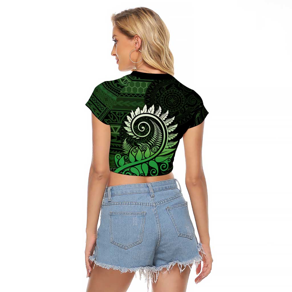 New Zealand Maori Koru Fern Raglan Cropped T Shirt Spiral Polynesian Style Green