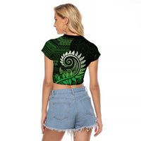 New Zealand Maori Koru Fern Raglan Cropped T Shirt Spiral Polynesian Style Green